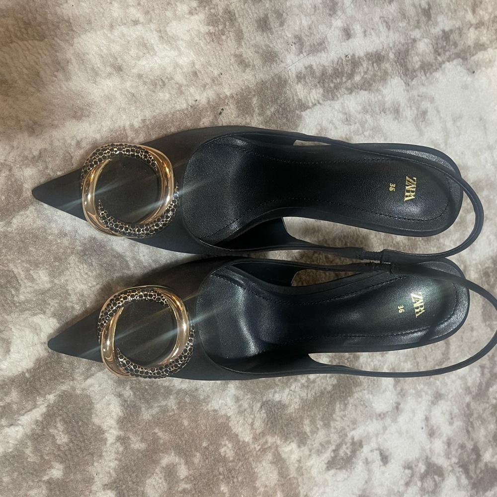 Zara Elegant Black Heels with Gold Accents
